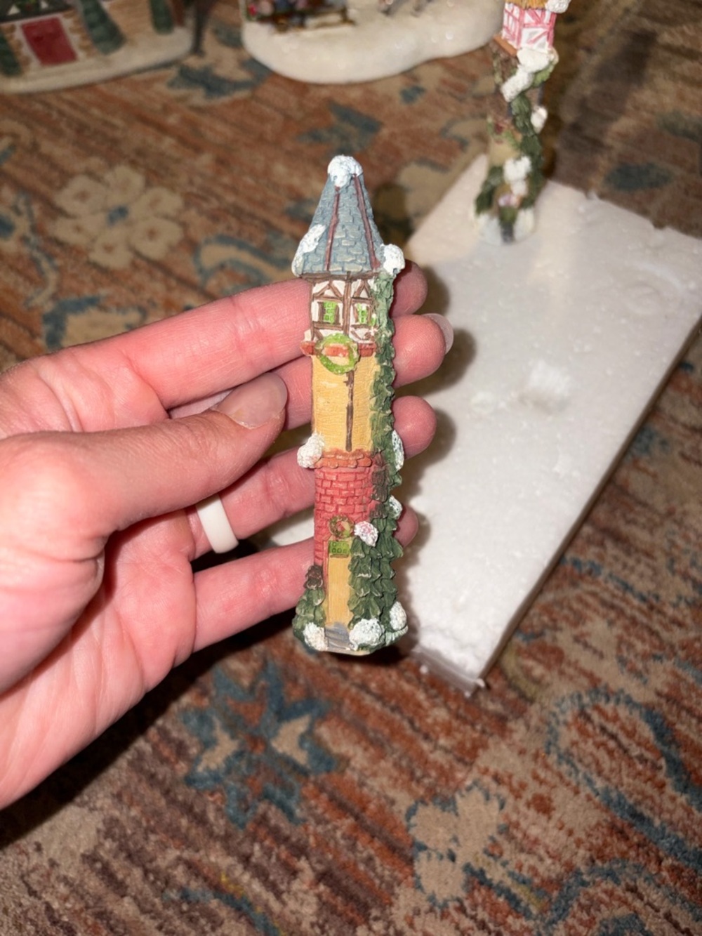 Vintage Holiday Village Decorative Tower Figurine - Yellow and Green